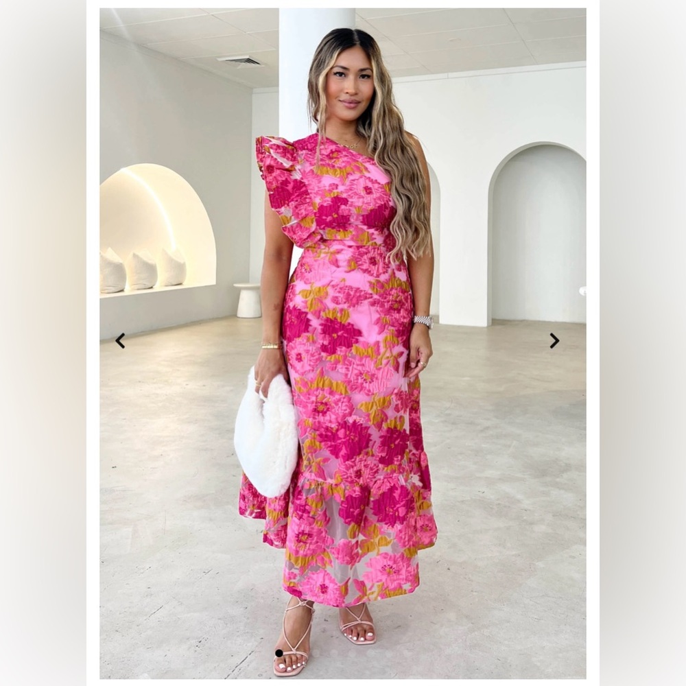 One Shoulder Midi Dress - Pink Jacquard